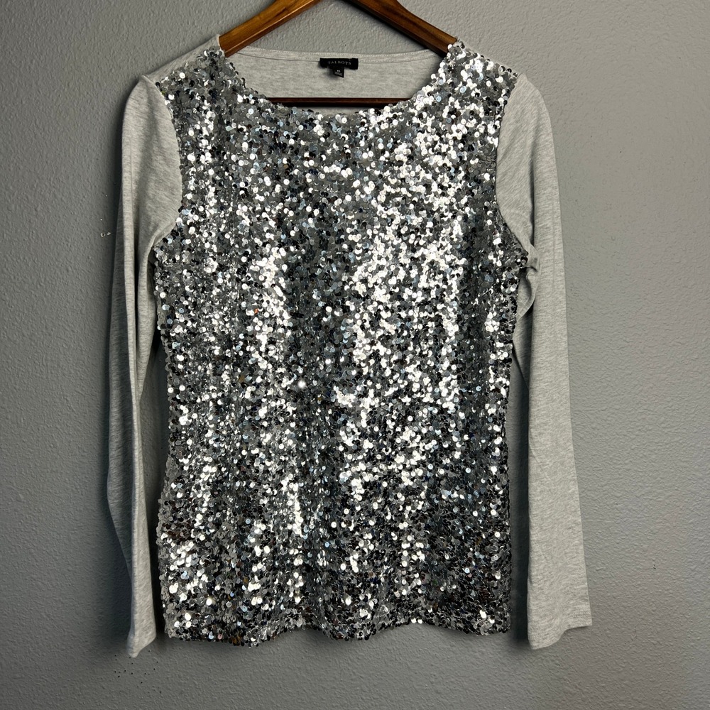 Talbots‎ Women's XS Silver Sequin Long SL NYE Crew Neck Top Party Blouse Sparkly